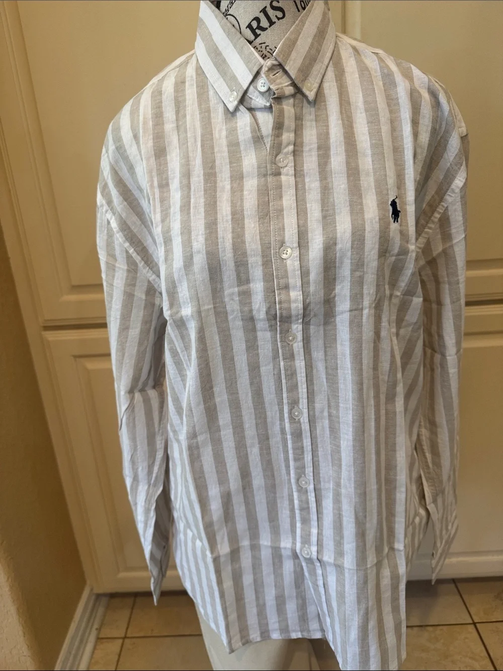Polo by Ralph Lauren Men’s Vertical Stripe Linen Button-Down Shirt - White & Tan